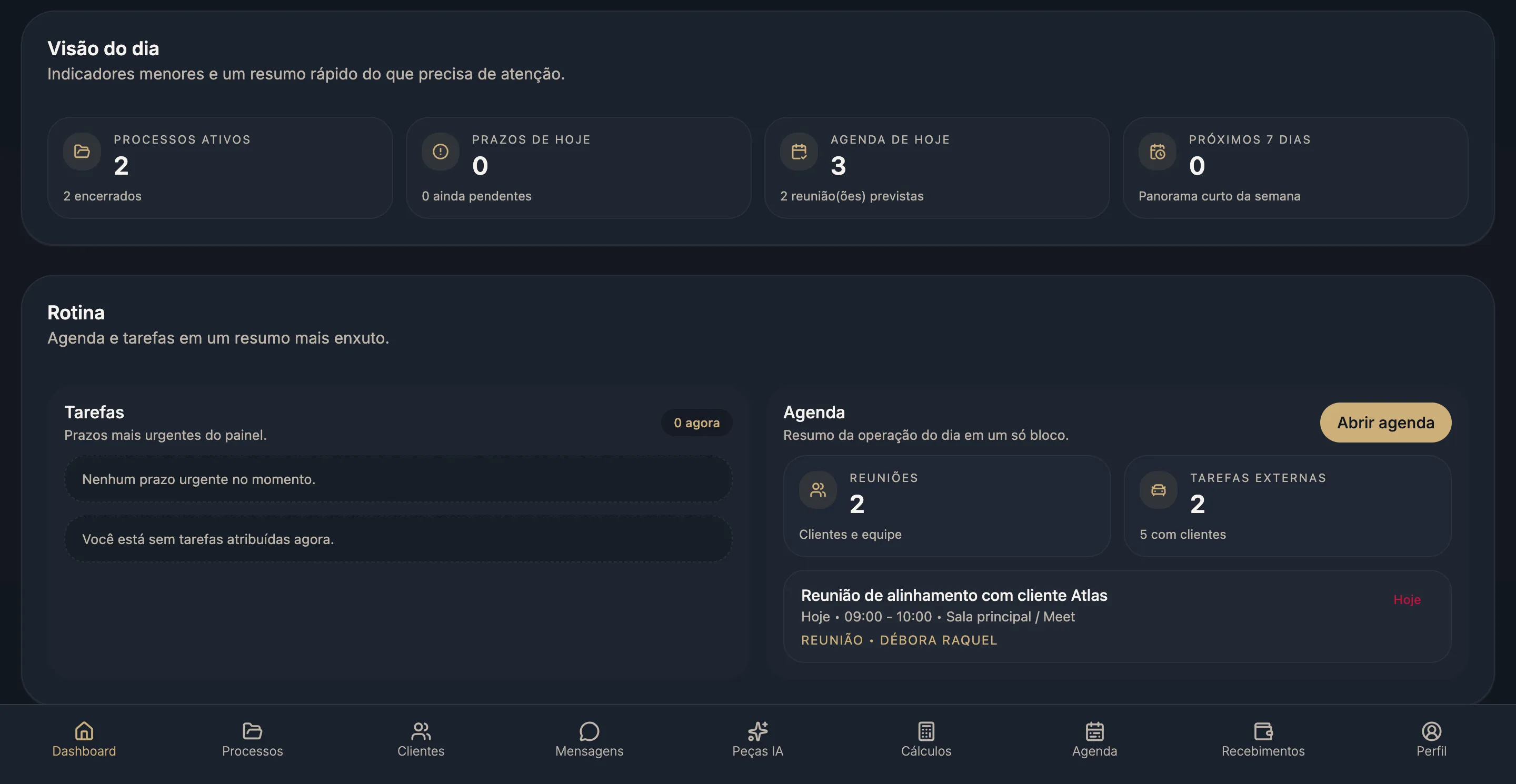 Dashboard real da Gestão Advocatícia com indicadores de processos, prazos, agenda e tarefas