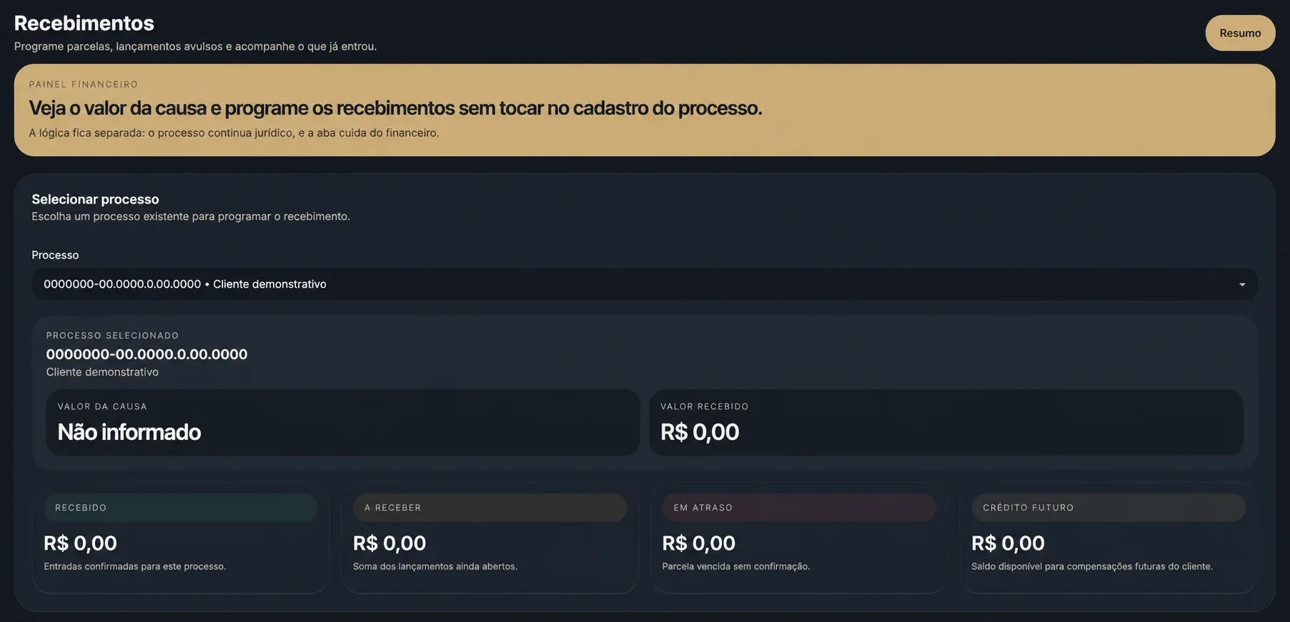 Tela financeira da Gestão Advocatícia com recebimentos e parcelas